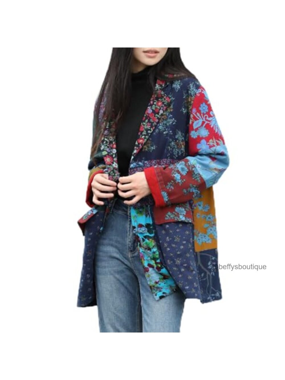 Cotton Linen Floral Patchwork Blazer Women's Long Sleeve